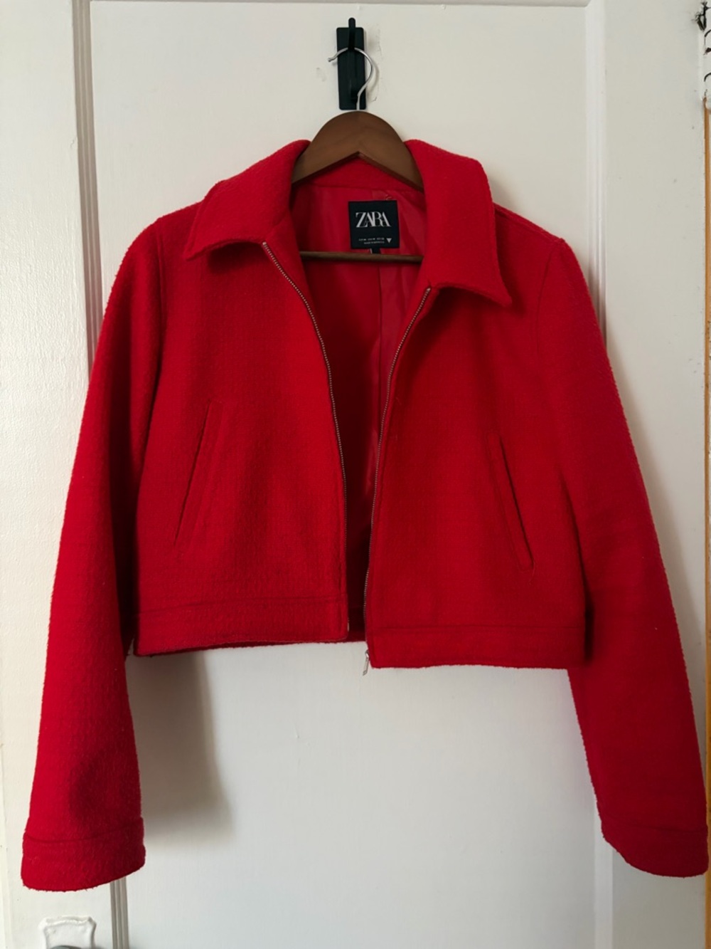 Zara Bright Red Cropped Zip Pea Coat